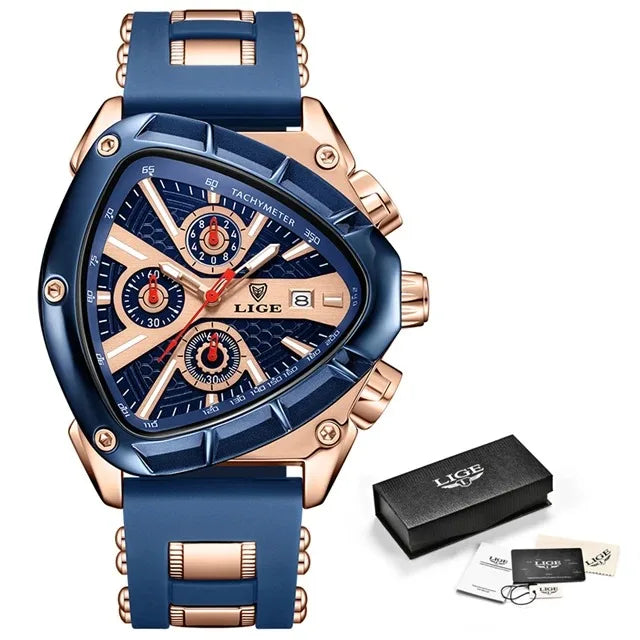 LIGE Sports Triangle Mens Watches Luminous Pointers Fashion Rubber Strap Military Irregular Quartz Wristwatch Waterproof  Watch