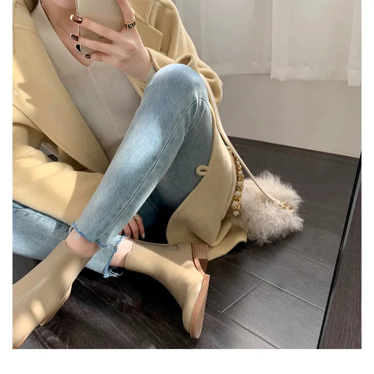 2026 Autumn/Winter Ankle Boots Women Basic Chelsea Botas Mujer Low Thick Heels Short Booties PU Leather Slip On Stretch Botines