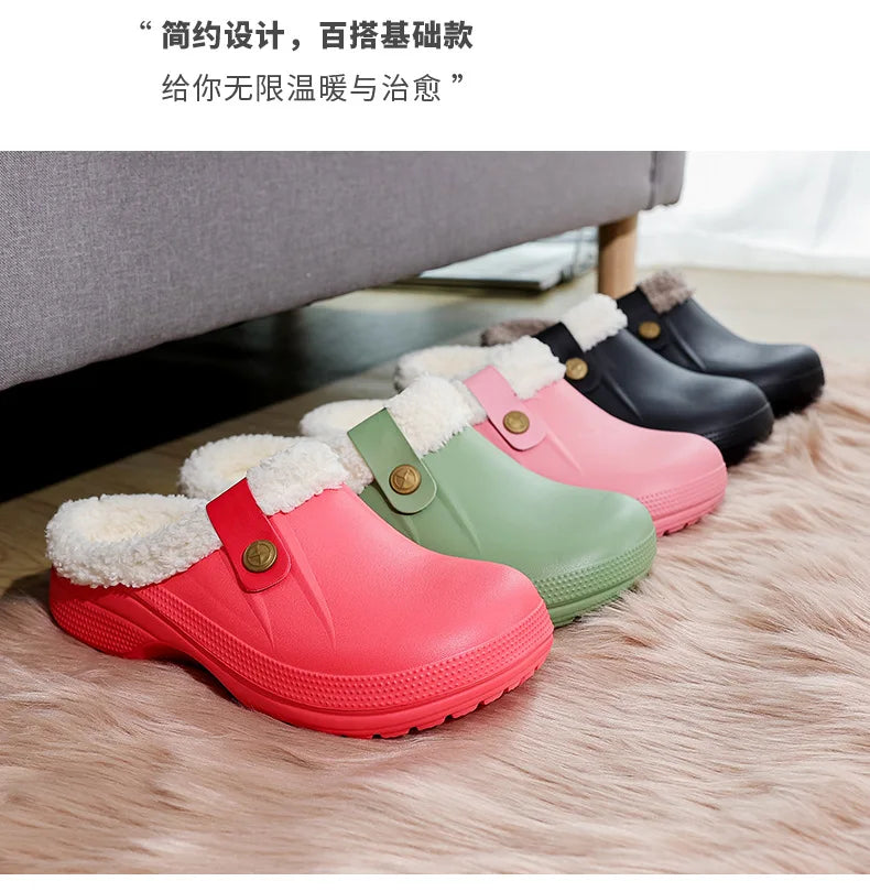 Waterproof Mule Clogs Men Slippers Winter Warm Unisex Fur Slippers House Room Slippers Trend Indoor Floor Shoes Slides For Women