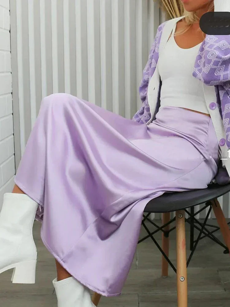 Elegant Women's Skirts High Waist Silk Satin A-line Skirt Lady Fashion Solid Color Purple Long Skirts for Women Fashion 2026