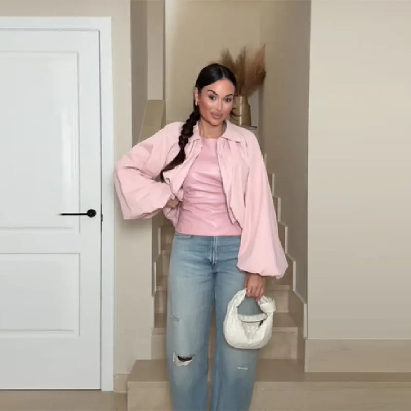 Women's Pink Puff Sleeve Pleated Bomber Jacket Casual Sweet Irregular High Waist Zipper Loose Crop Coat Daily Commute Outerwear