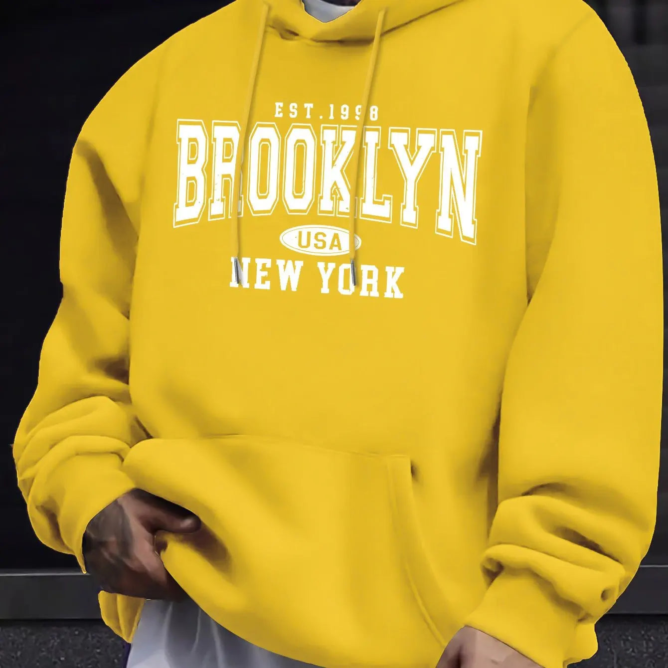 Men's autumn and winter casual fashion loose Brooklyn New York letter printed long sleeved hooded sweatshirt warm pullover BAZAARHUBO