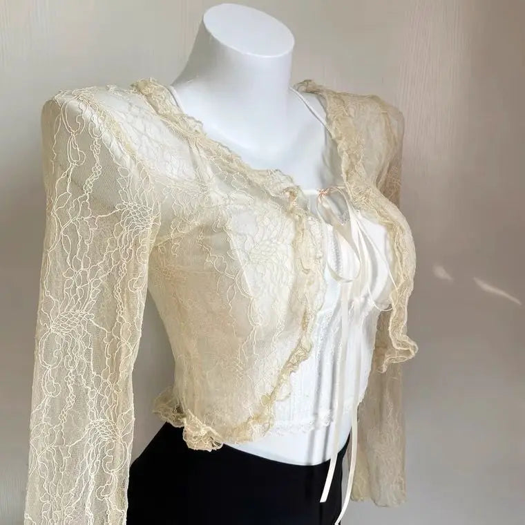 Shirts Women Lace New Summer Sunscreen French Style Cropped Designed Sweet Gentle Elegant Office Lady Sexy Popular Chic Vintage