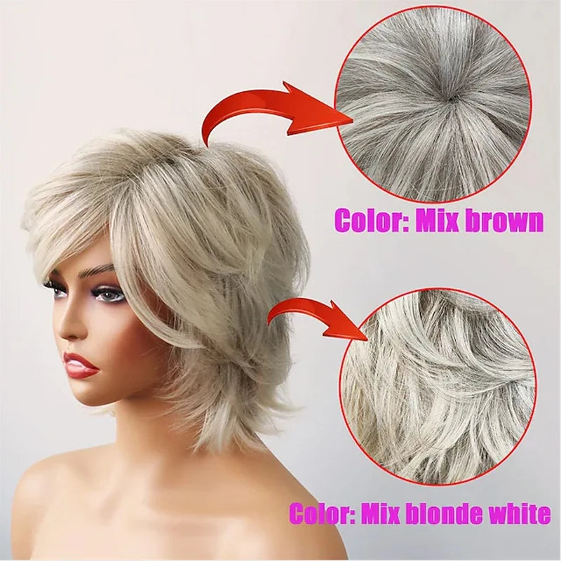 HAIRJOY Synthetic Hair Short Curly Brown Mixed Blonde Highlight Wigs with Bangs for White Women