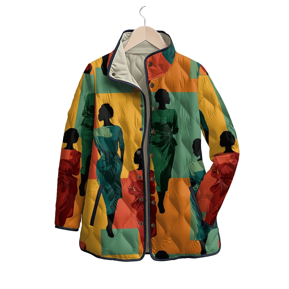 Women's African Art Jackets with Female Profile Florals Pattern Coats Multi-Color Silhouette Patterns Artistic Winter Outerwear