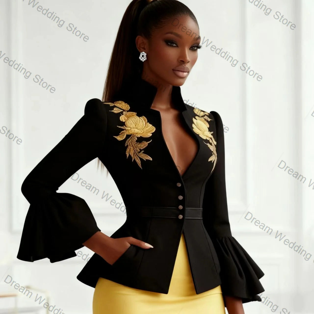Black Yellow Women Suit Skirt Set 2 Pcs Blazer+Prom Dress Spring Appliqued Formal Office Lady Jacket Customized Wedding Coat