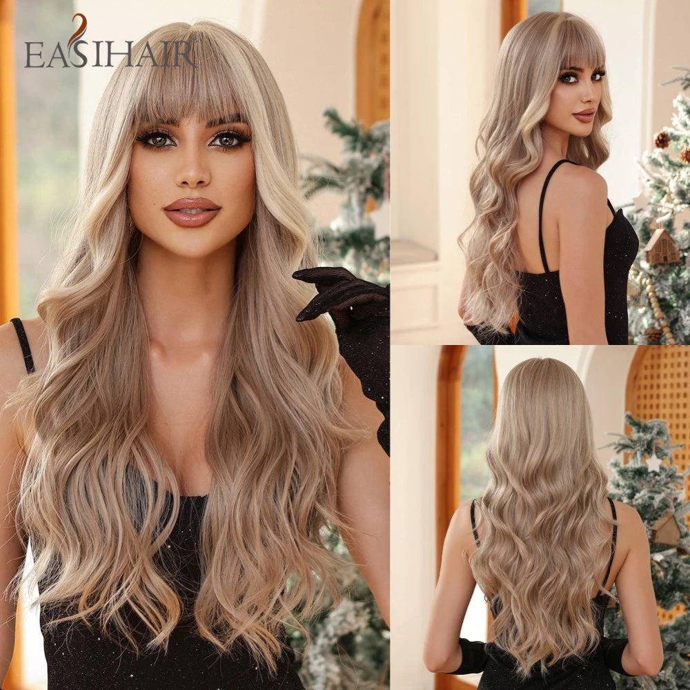 EASIHAIR Dark Brown Long Curly Synthetic Wig with Bangs Brown Women's Wigs for Cosplay Daily Use Heat Resistant Natural Hair
