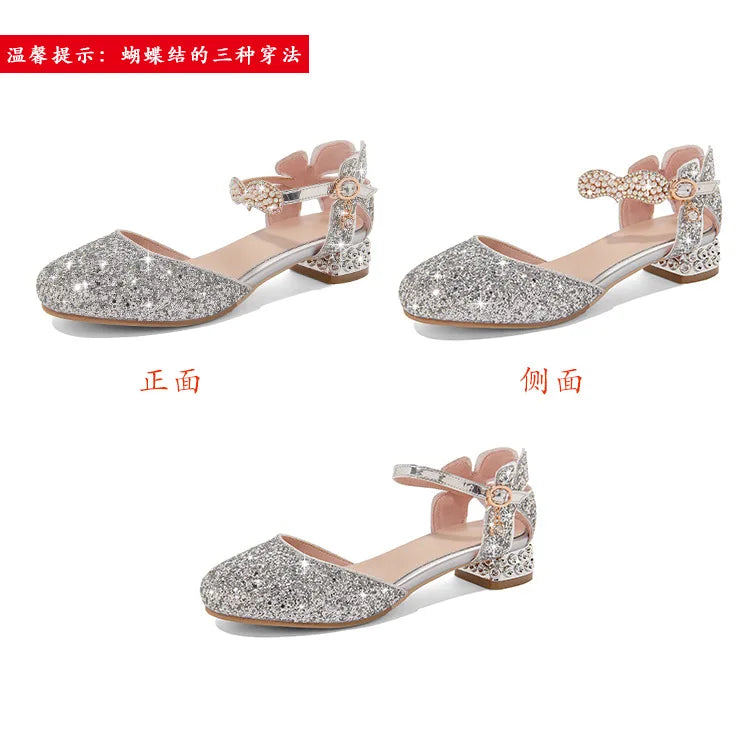 Princess Kids Leather Shoes Girls Sandal Sweet Pearl Casual Glitter Children High Heels Girls Party Dance Shoes Pink Gold Silver