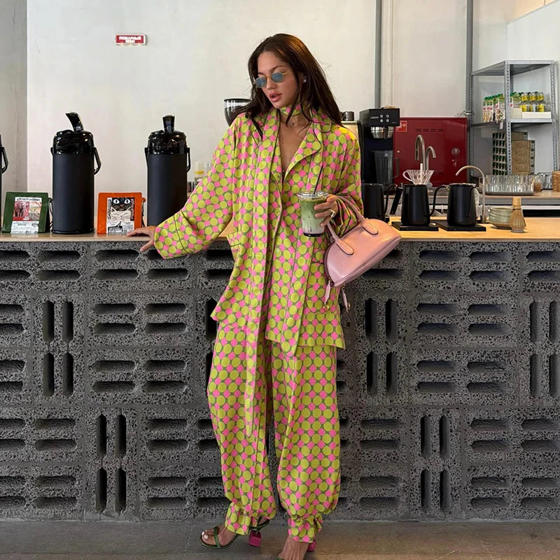 Casual Plaid Women's Blazer Pant Suits Scarf Collar Long Sleeve Button Shirt Pleated Wide Leg Trousers 2026 Summer Female Set