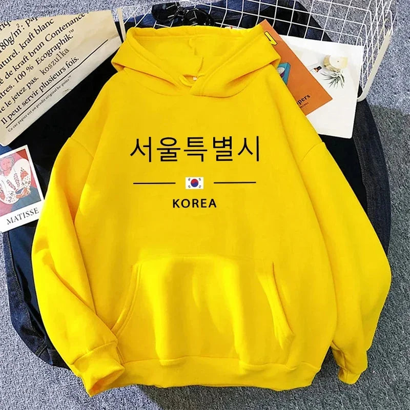 Seoul Korea Print Hoodie Woman High Quality Hoode Long Sleeve Pullover Fall Winter Female Daily Casual Sport Loose Sweatshirt