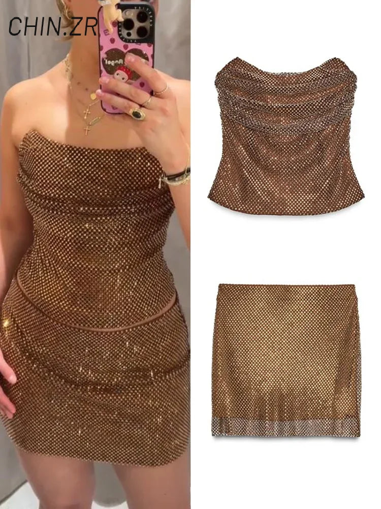 Sexy Rhinestone Strapless Vest Mini Skirt Sets Women Pleated Sleeveless Backless Tops Short A-line Skirts 2025 Summer Lady Suits