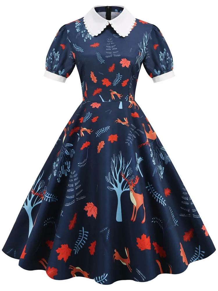 Women Vintage Dress Floral Print Peter pan Collar Elegant Party Dress Puff Short Sleeve Pin Up 50s Party Sundress 3XL