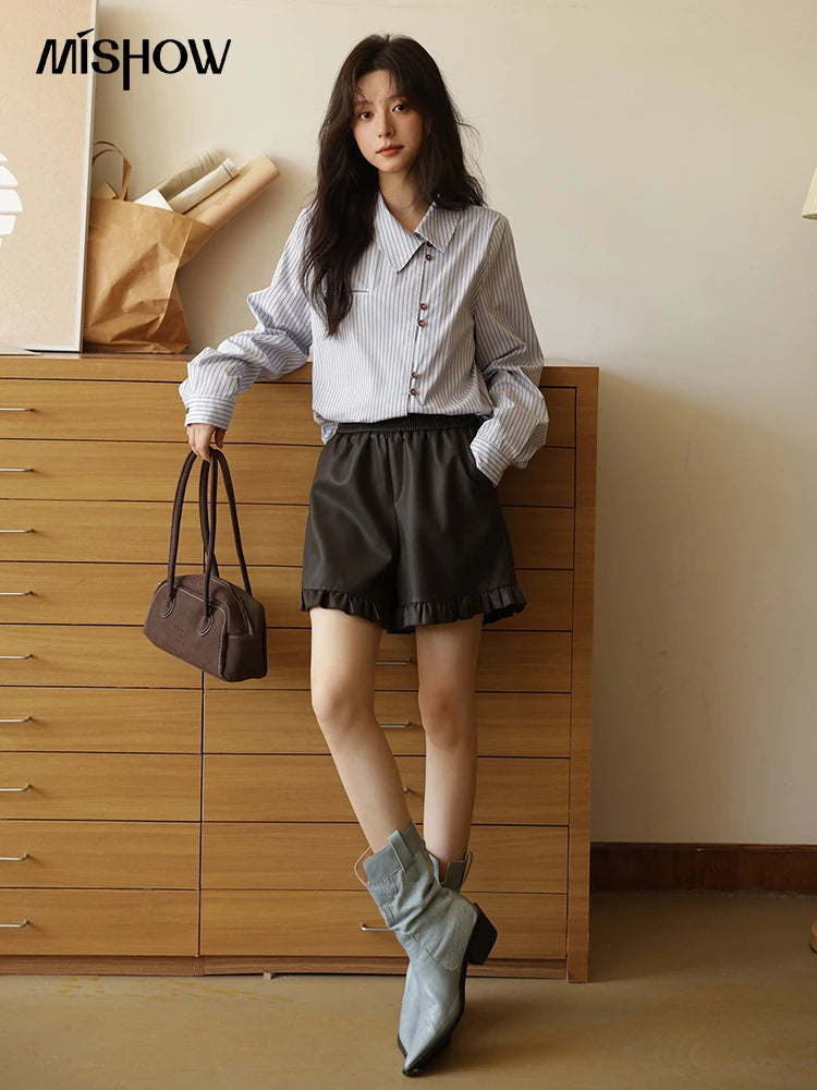 MISHOW Women's Striped Asymmetric Shirt 2025 Autumn New Arrival Vintage Loose Long Sleeve Tops Commuter Woman Clothes MXE42C2375 BAZAARHUBO