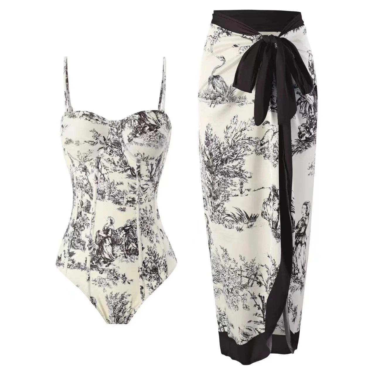 Women Swimwear Swimsuit Two-piece set Summer Print Bodysuit Bikini Set Beach Style Wear Maxi Dress Skirt One-piece swimsuit