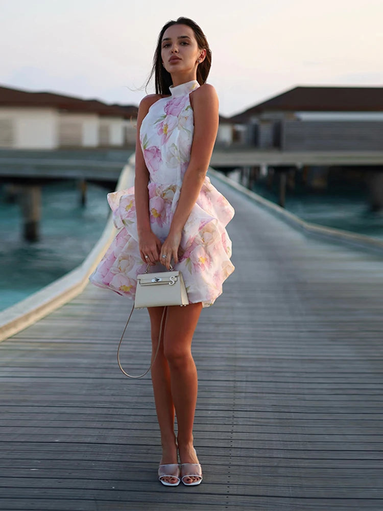 Printed Halter Ruffles Short Dress Women Glamorous Sleeveless Backless Lace Up Party Evening Dresses Chic Ladies Ball Gown New