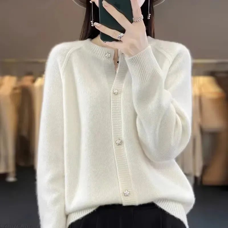 New Women Cardigan Sweater Autumn/Winter Round Neck Star Button Solid Knit Bottoming Shirt Jacket Quality Knitwear Female Tops