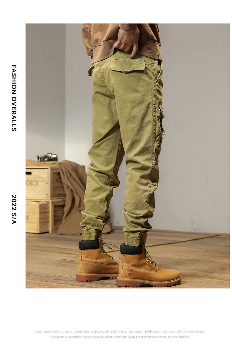 The new men's American retro sporty design in 2025 features multi-pocket, versatile drawstring work pants and stretch trousers