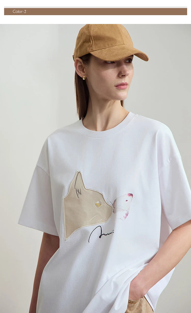 AMII Summer Casual T-shirt for Women 2025 Print Round Neck Short Sleeve Shirts Lady Fashion New Loose Clothes Woman 12522007