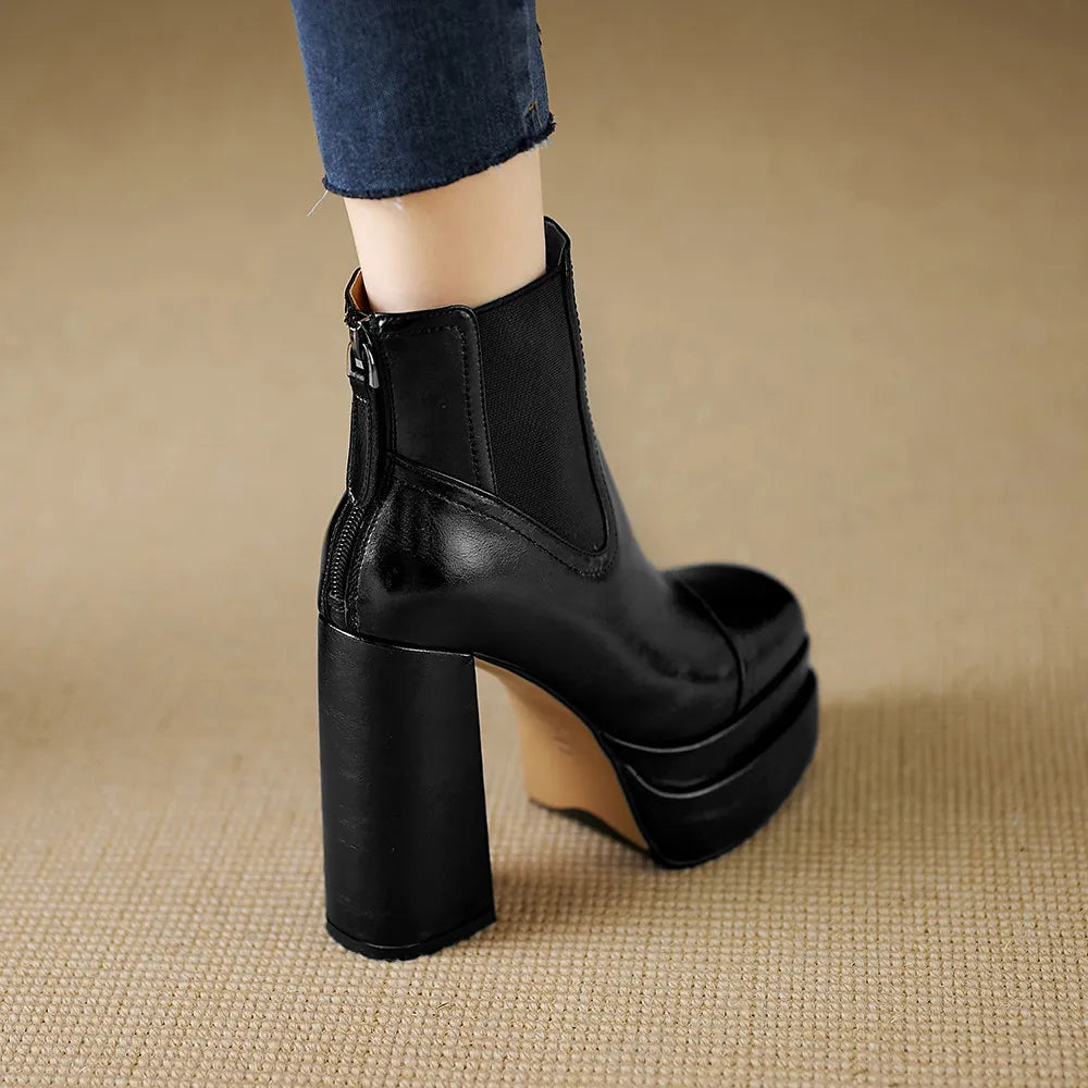 Aucegi Women Genuine Leather Back Zipper Ankle Boots Fashion Square Toe Platform Thick High Heels Party All Match Casual Shoes