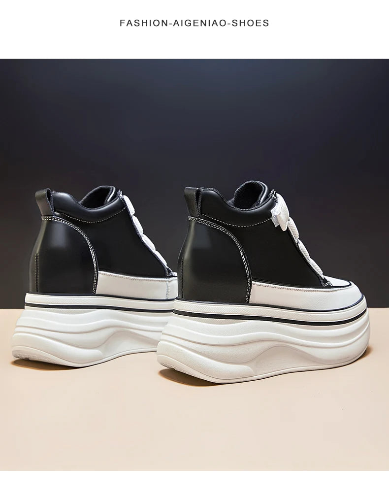 10cm Genuine Leather Platform Wedge Mid Calf Ankle Motorcycle Booties Non Slip Hidden Heel New Women Slip-On Autumn Spring Shoes