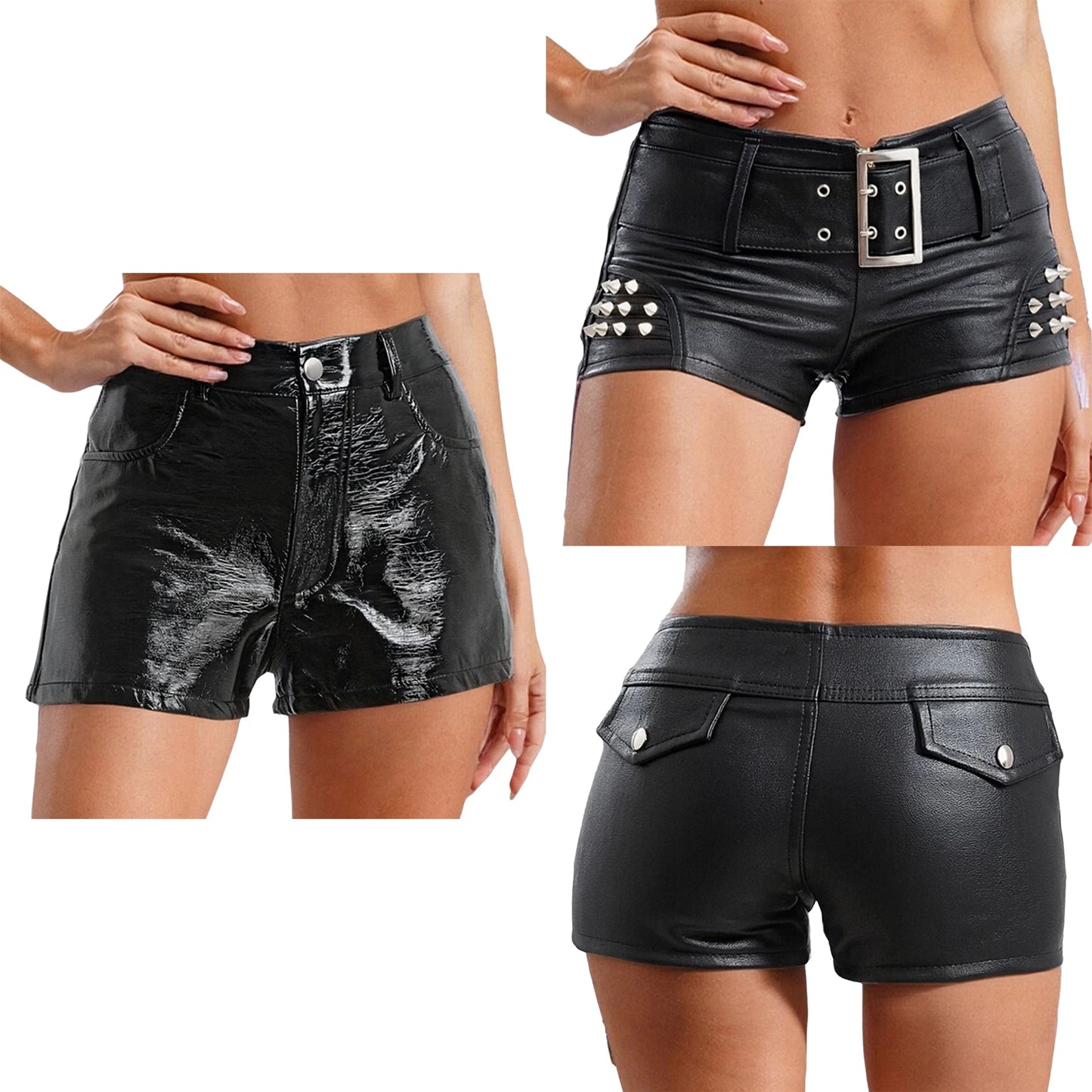 Womens Rivets And Belt PU Leather Hot Pants Hot Shorts Slim Fit Short Bottoms Club Rock Music Festival Costume