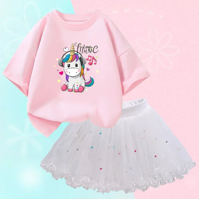 Dresses For Girl Summer Fashion Wear Outfit Kids T-Shirt Suit Unicorn Party Baby Costumes For Children Tulle Tutu Skirt Clothing