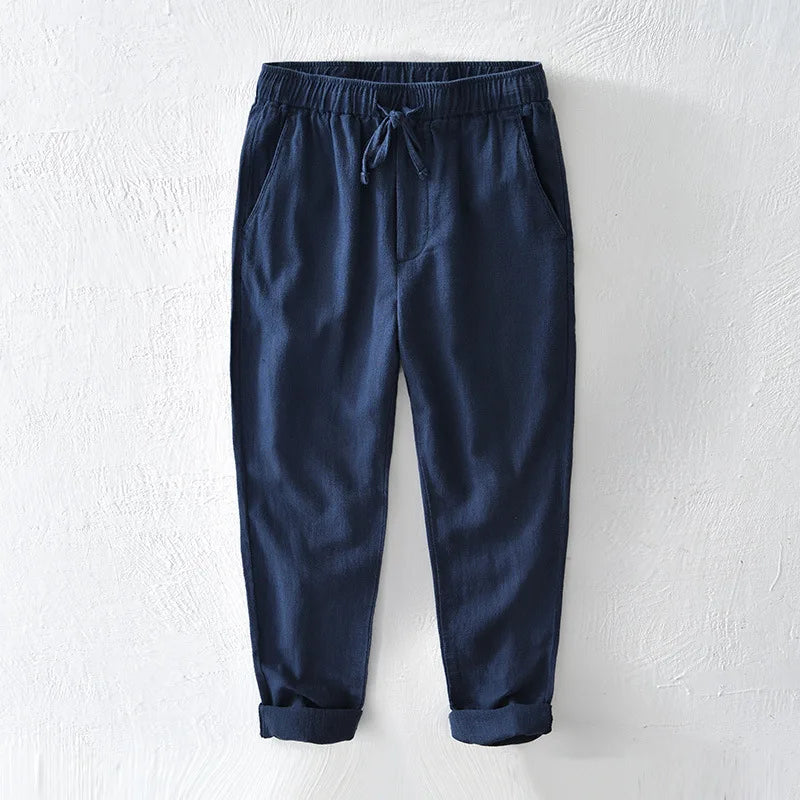 70% Linen,30% Cotton Men's Drawstring Elastic Waist Casual Pants, Straight Loose Ramie Trousers, Camping Fishing Comfortable