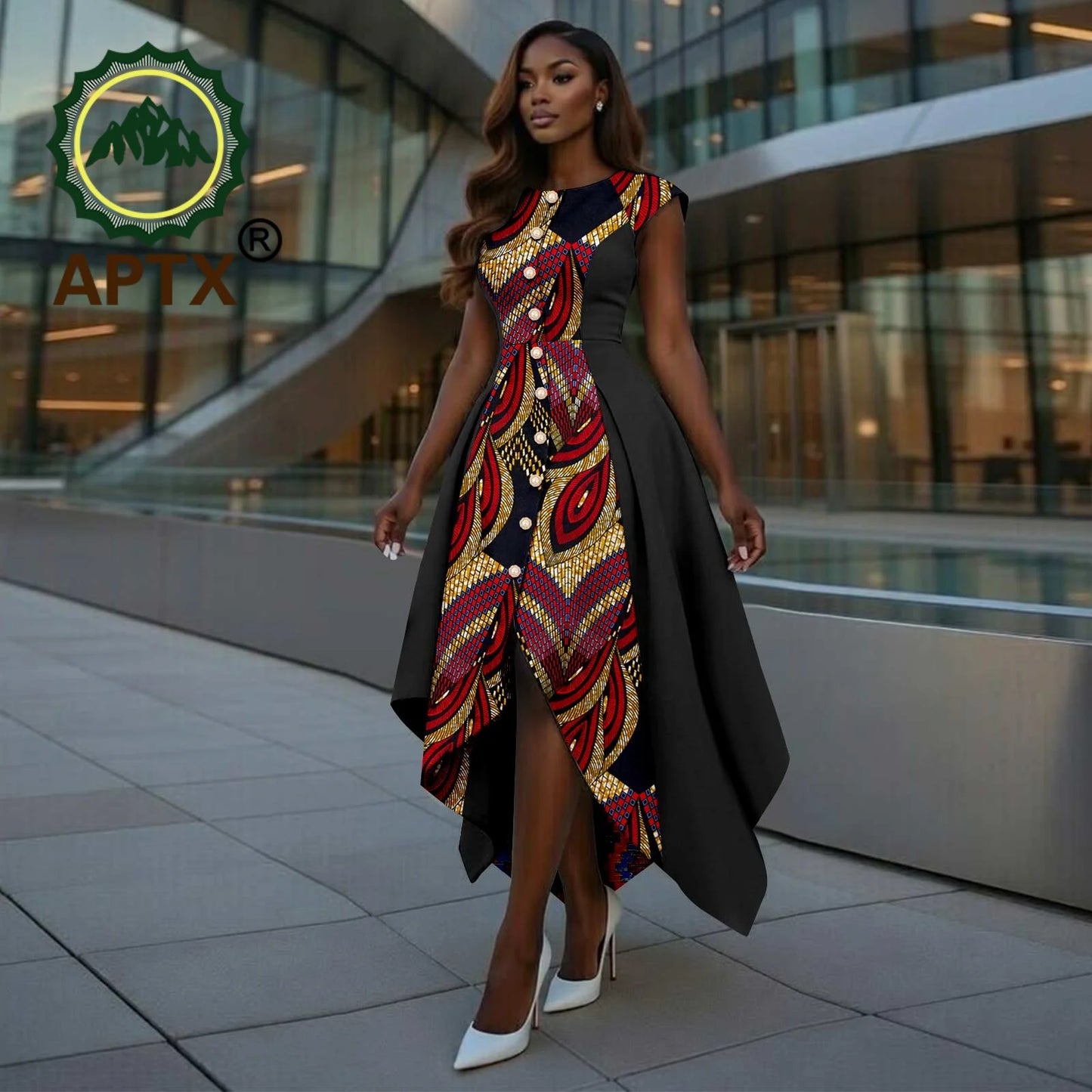African Dress for Women Ankara Print O-Neck Short sleeve Ankle-Length Patchwork Asymmetrical Dress Dashiki Casual Party