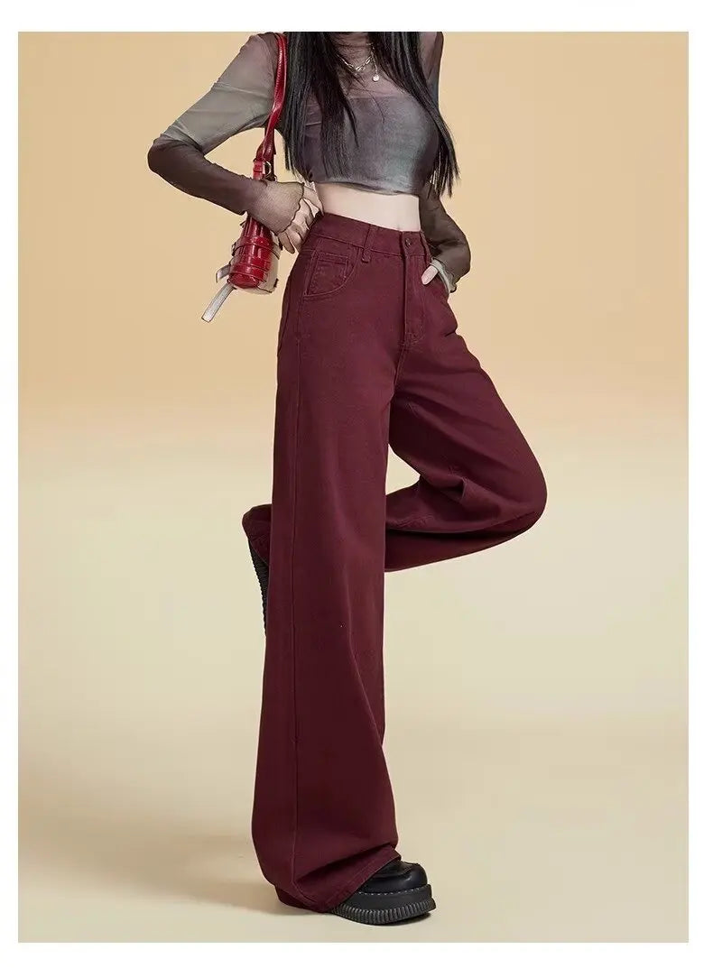 Women's Street Style Wide Leg Red Jeans American Vintage Casual Denim Trousers Female High Waist Loose Straight Pants