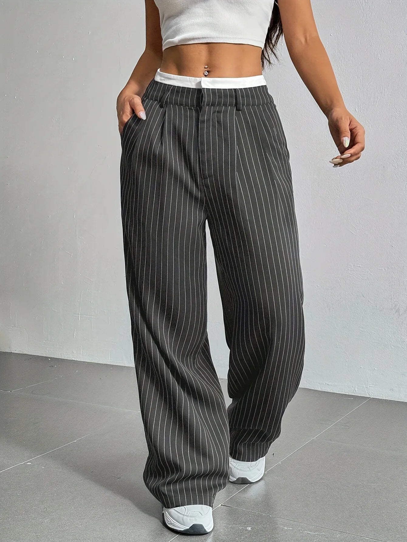 Fashion Pants Women's Stripe Straight Pants 2024 Autumn Winter High Waisted Casual Suit Pants Office Lady Women Trousers Bottoms BAZAARHUBO