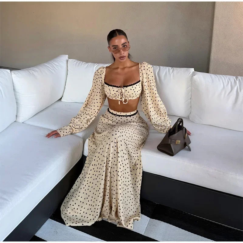 Fashion Women's Polka Dot Long Skirt Set Square Neck Lantern Sleeve Lace Crop Top High Waist A-line Skirts 2026 Summer Lady Suit