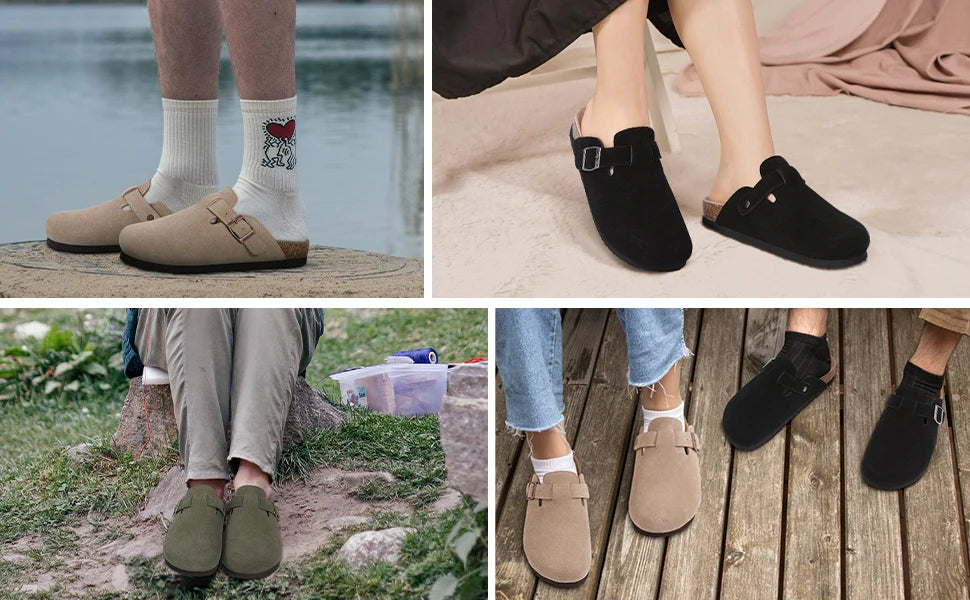 Evshine Men' s Cork Suede Mules with Arch Support Classic Potato Shoes Cozy Cork Footbed Clogs Slippers Men Fashion Beach Sandal