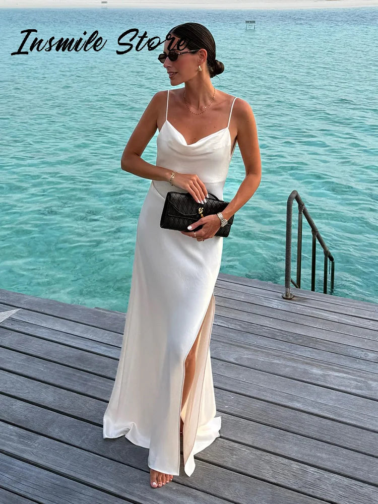 Sexy Backless Satin Women's Summer Dress V-neck Sleeveless Backless Slit Beach Sling Sundress 2026 Lady Chic Evening Party Robes