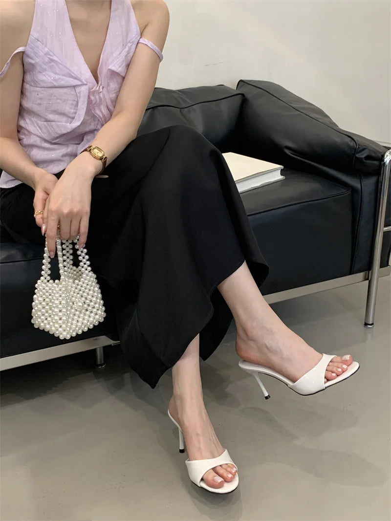 Liyke White Patent Leather Women Slippers Sandals Fashion Round Open Toe Thin High Heels Mules Slides Summer Party Dress Shoes