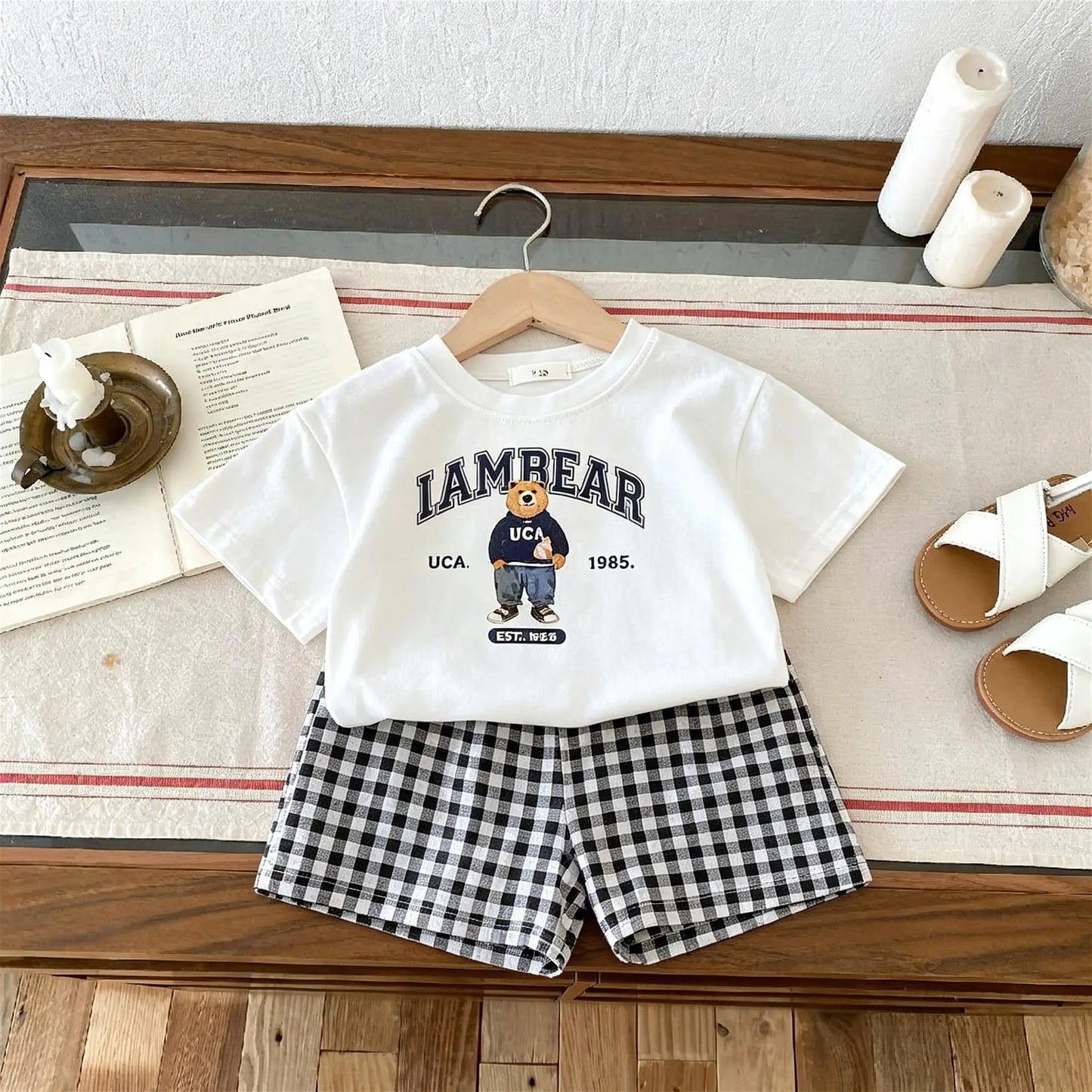 T-shirt + Plaid Shorts Outfits For Kids Summer Clothing Fashion Casual Short Sleeve Suit Children's Wear 2 Piece Set Girls Boys