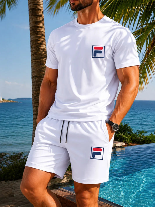 Men's Printed Two-piece Set, Casual Short Sleeved T-shirt and Drawstring Shorts Set, Men's Summer Breathable Street Sportswear