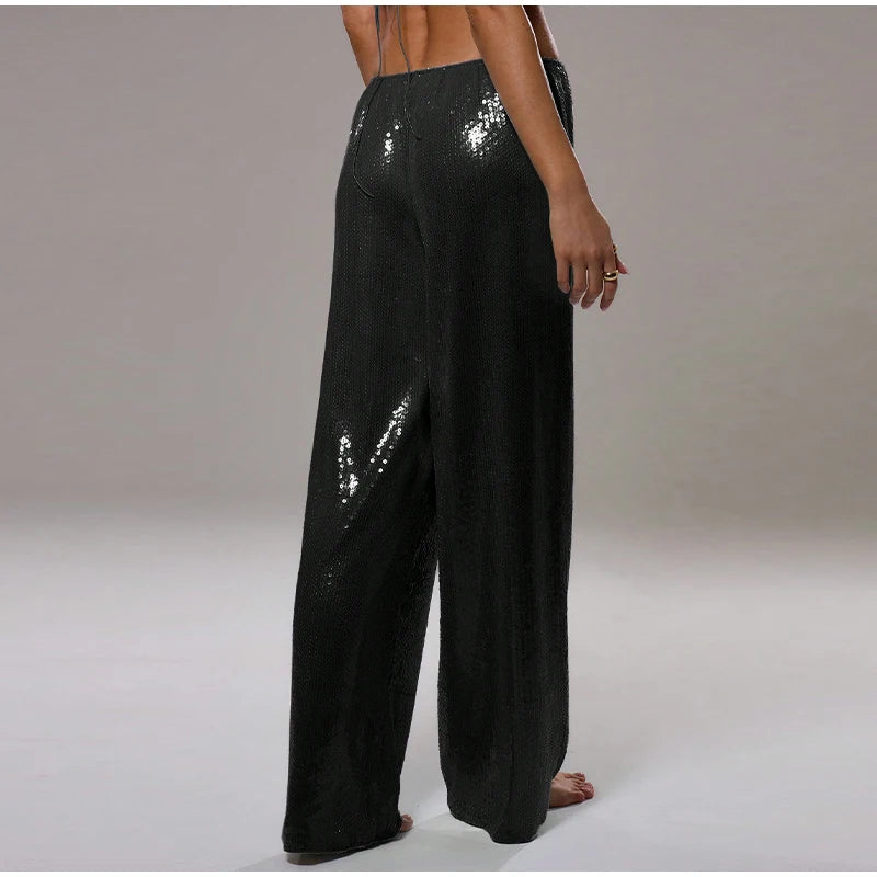 Women Sequin Pants Cinched Waist Glitter Baggy Straight Long Trousers