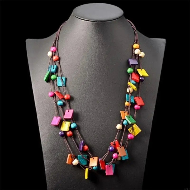 Multilayer Colorful Irregular Pendant Necklace African Styles Wood Beads Jewelry Accessory for Women Casual Wear