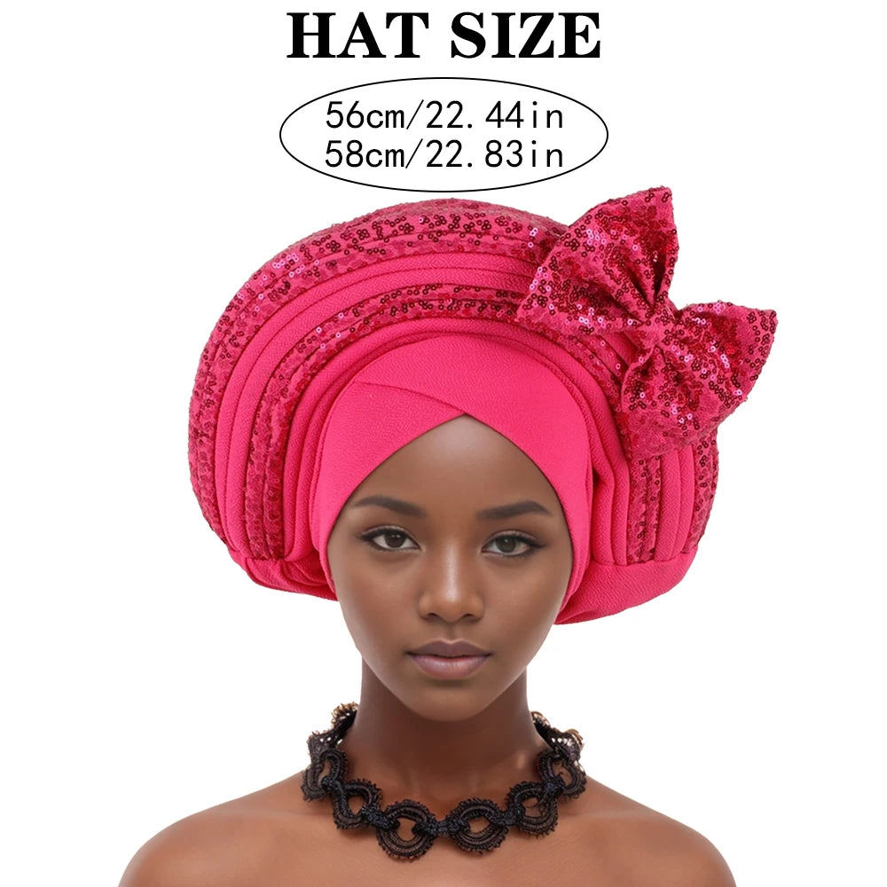 Sweet Bowknot Auto Gele Headtie for Women African Head Wraps Lady Party Headpiece Female Sequins Turban Cap