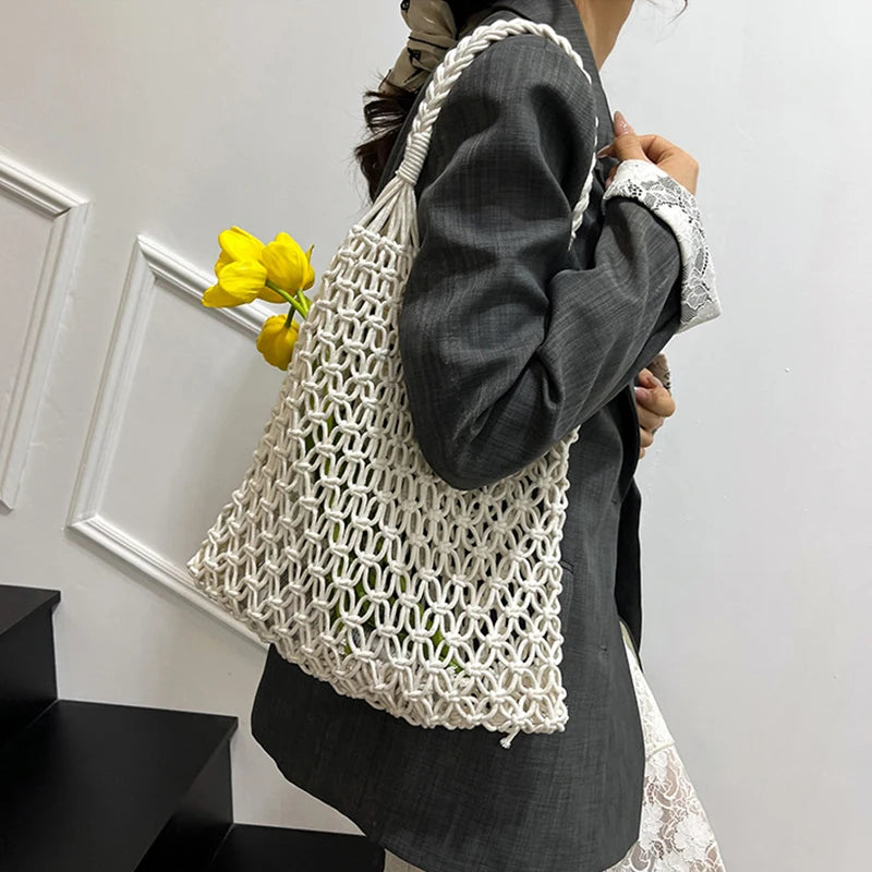 Hand-Woven Bag Women Handmade Hollow Handbag Female Shoulder Bag Big Capacity Summer Casual Travel Beach Tote Purse