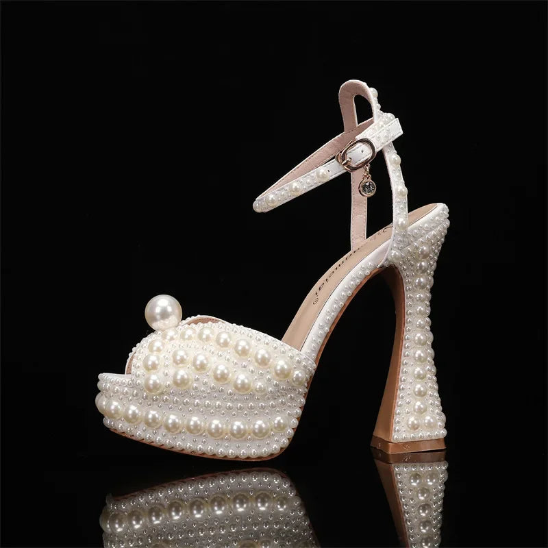 Maogu Women Sandals Fashion High Quality Wedding Shoes Women New Pearls Studs Luxury Peep Toe High Heels Buckle Woman Sandal 43
