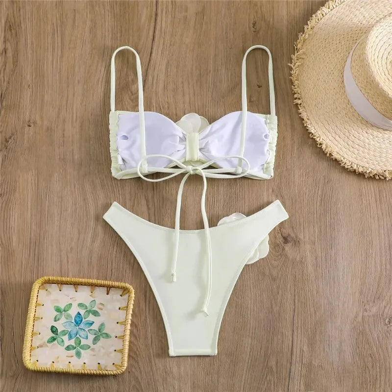 Women Two Piece Bikini Set 3D Floral Bandeau Swimwear Sexy Brazilian Bikini Lace Up Bathing Suit Separate Beachwear For Women