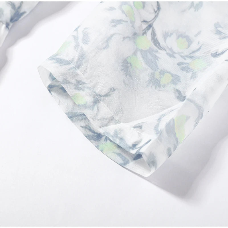 Casual Printed Mini Dress Women Full Sleeve Button V-neck Lady Short Dresses Waist Tape 2026 Spring Summer Female Robe Beach