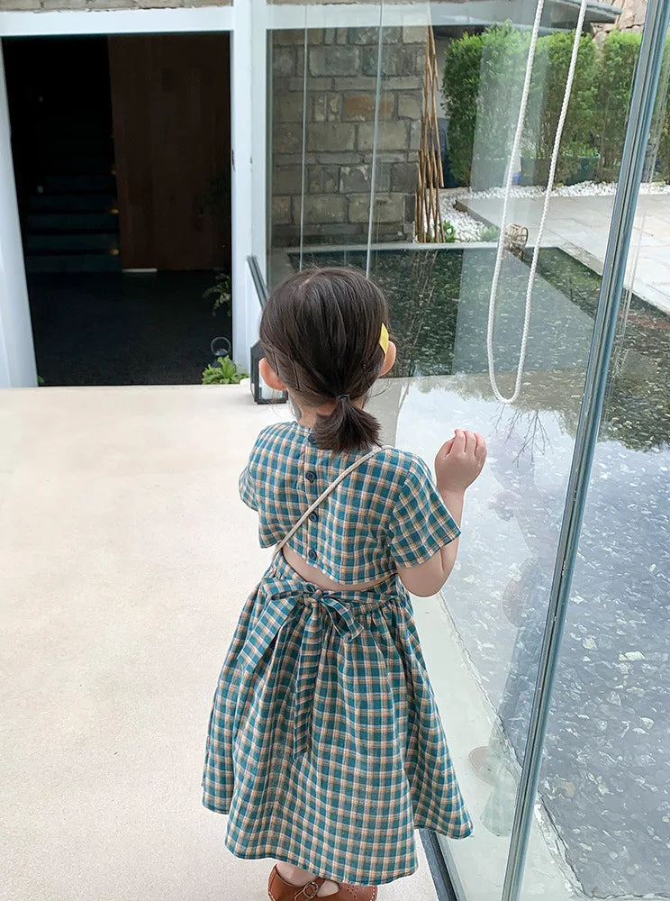 Summer Casual Baby and Girls Cotton Plaid Single-Breasted Short-Sleeved Lace Up Back Dress Kids Lovely Outfit Clothing 2-8 Years