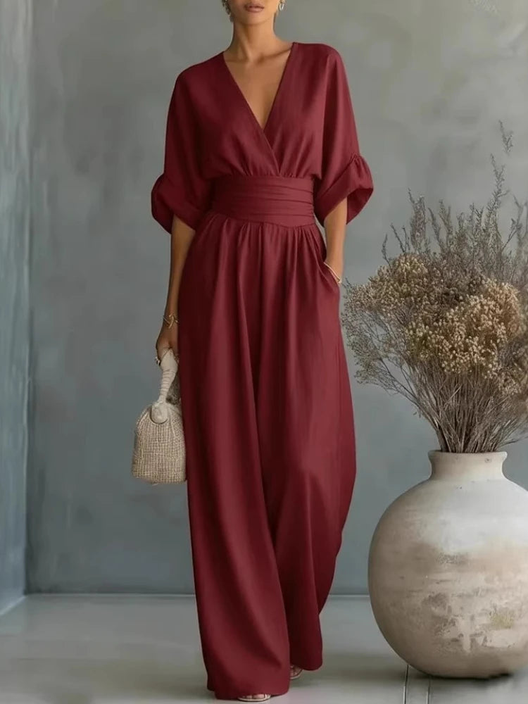 Women's Jumpsuit Fashion High Waist V-neck Casual Jumpsuits Sexy Solid Color Office Wide Leg Trousers Overalls Vacation Outfit