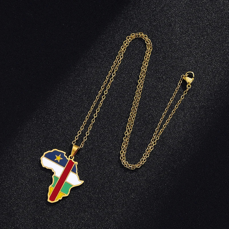 African Map Flag Pendant Necklace Stainless Steel Men Women Rwanda Sudan Uganda Zimbabwe Zambia Ethnic Maps Jewelry Gift