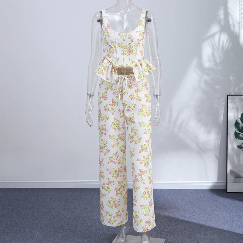Floral Printed Women Long Pants Set Elegant Sleeveless Backless Vest Wide Leg Trousers Chic Holiday Vacation Lady Summer Outfits