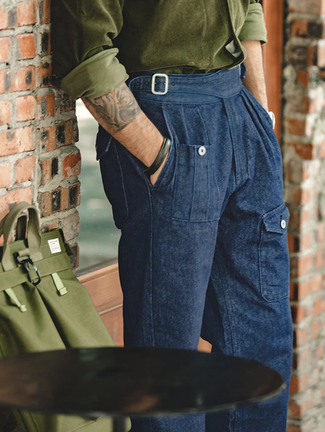 Men High-Waisted Button Suit Pants Elegant Denim Texture Italian Fabric Daily Commuting Wear