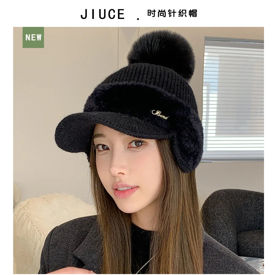 Winter Caps Patchwork Mink Fur Ear Protection Plush Hat Fashionable Solid Color Simple Wool Ball Knitted Hat For Women Cap BAZAARHUBO