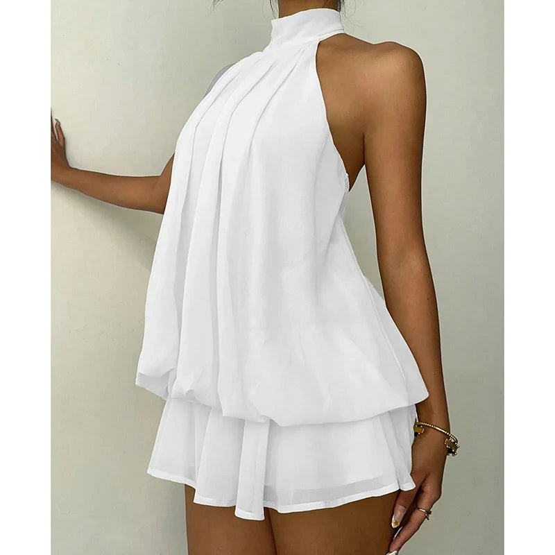 French Style Solid Color Halter Dress Women Sleeveless Off Shoulder Backless A Line Mini Dress Spicy Girl Beach Vacation Dresses